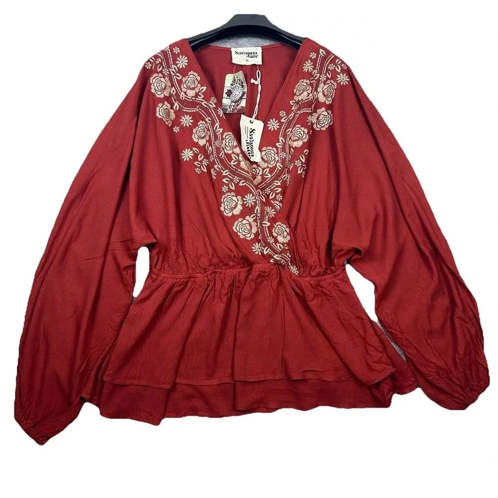 Savanna Jane 2X Embroidered Boho Romanticcore Festival Peplum Blouse Rust Red - Picture 2 of 14